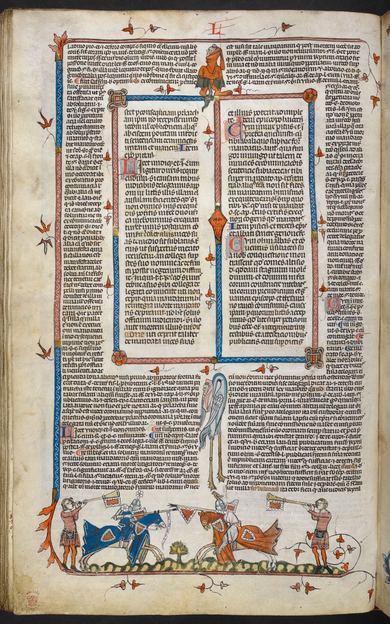 Royal MS 10 iv f.065v Cavalieri in giostra con decorazione marginale, illustrazione da 