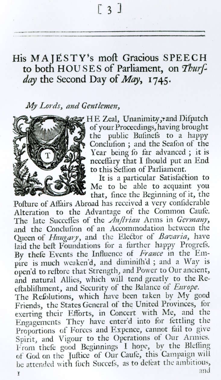 Discorso reale a entrambe le Camere del Parlamento, 2 maggio 1745 (stampa) da English School