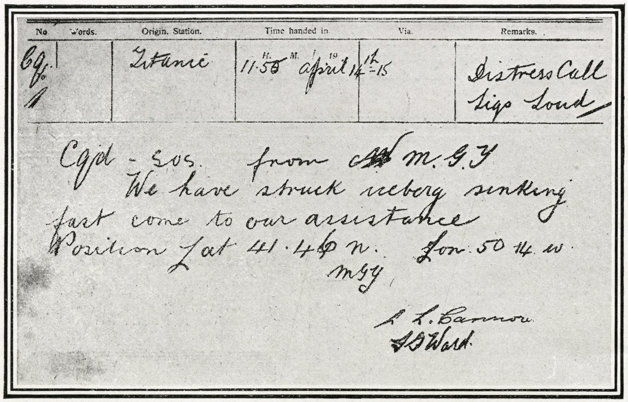 Messaggio SOS ricevuto dal piroscafo russo, Birma, circa cinque minuti dopo che il Titanic ha colpito un iceberg il 15 aprile 1912, da "The Sphere", 04 maggio 1912 da English School