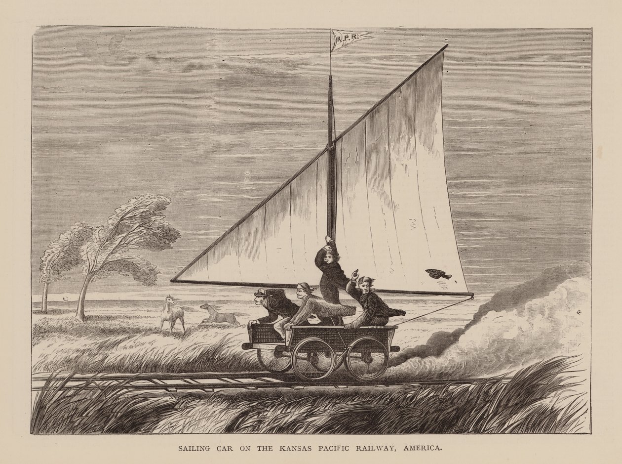 Carrozza a vela sulla Kansas Pacific Railway, America (incisione) da English School