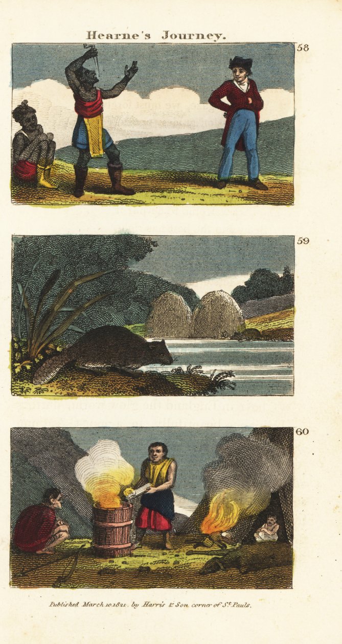 Samuel Hearne che osserva un fachiro nativo americano, castoro nordamericano, Castor canadensis e indiani che bollono acqua in una botte di legno con pietre calde da English School