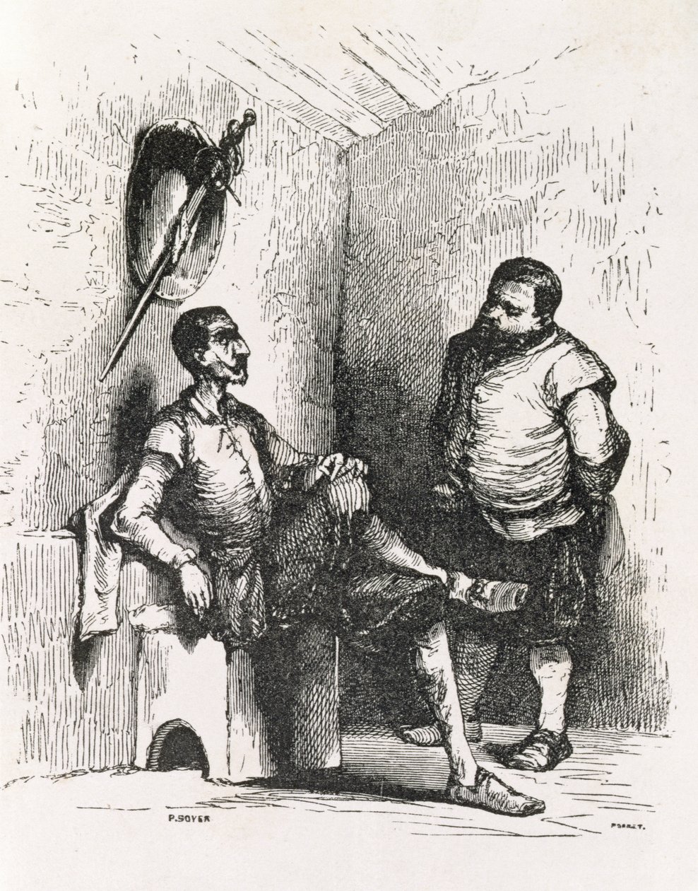 Sancho: Farei un raro padrone di casa, illustrazione da Atto II, scena I di Don Chisciotte in Inghilterra. Una Commedia, inciso da P. Soyer da English School