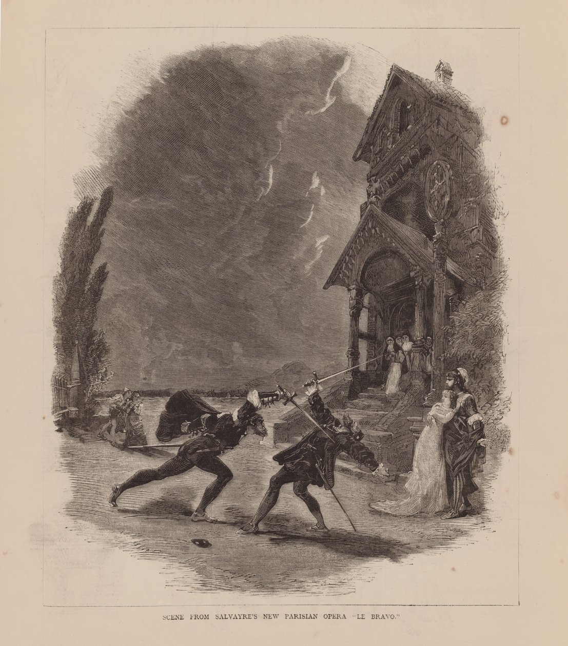 Scena della Nuova Opera Parigina "Le Bravo" di Salvayre (incisione) da English School