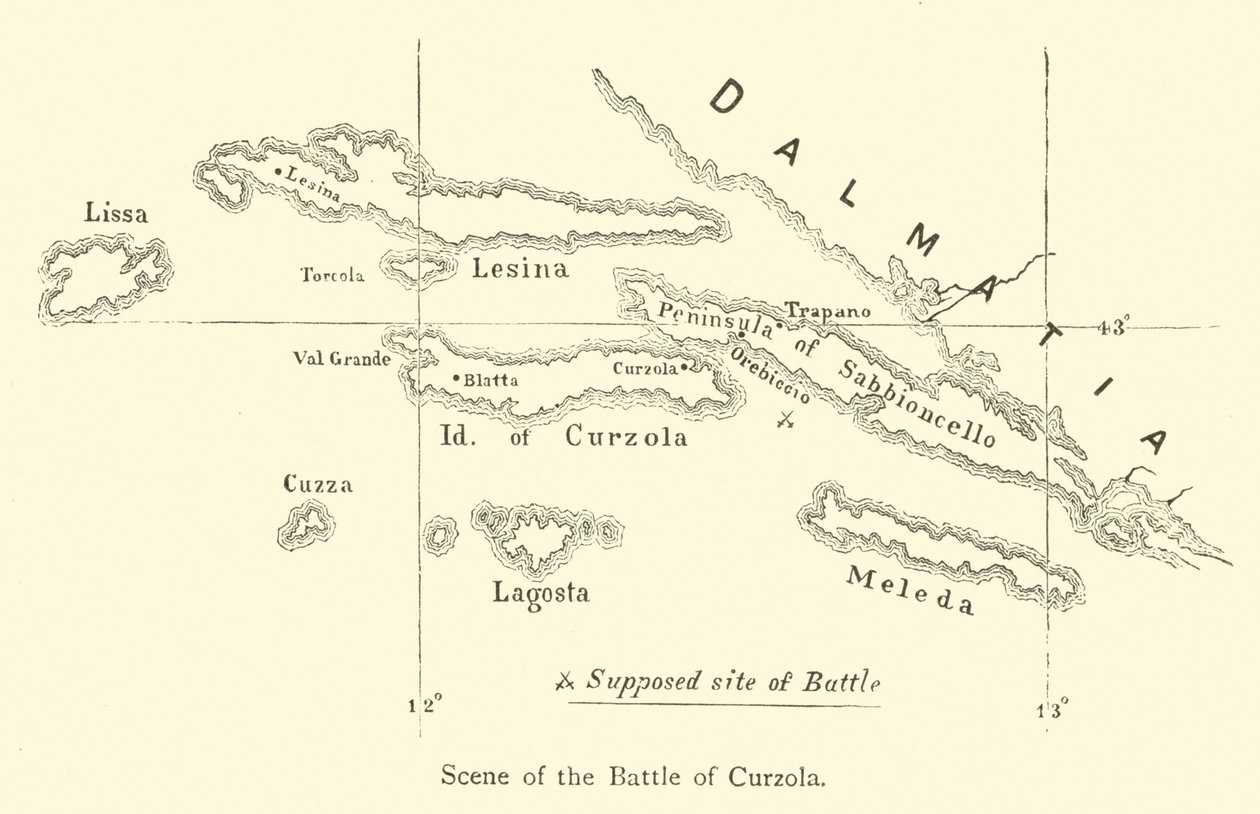 Scena della battaglia di Curzola (incisione) da English School