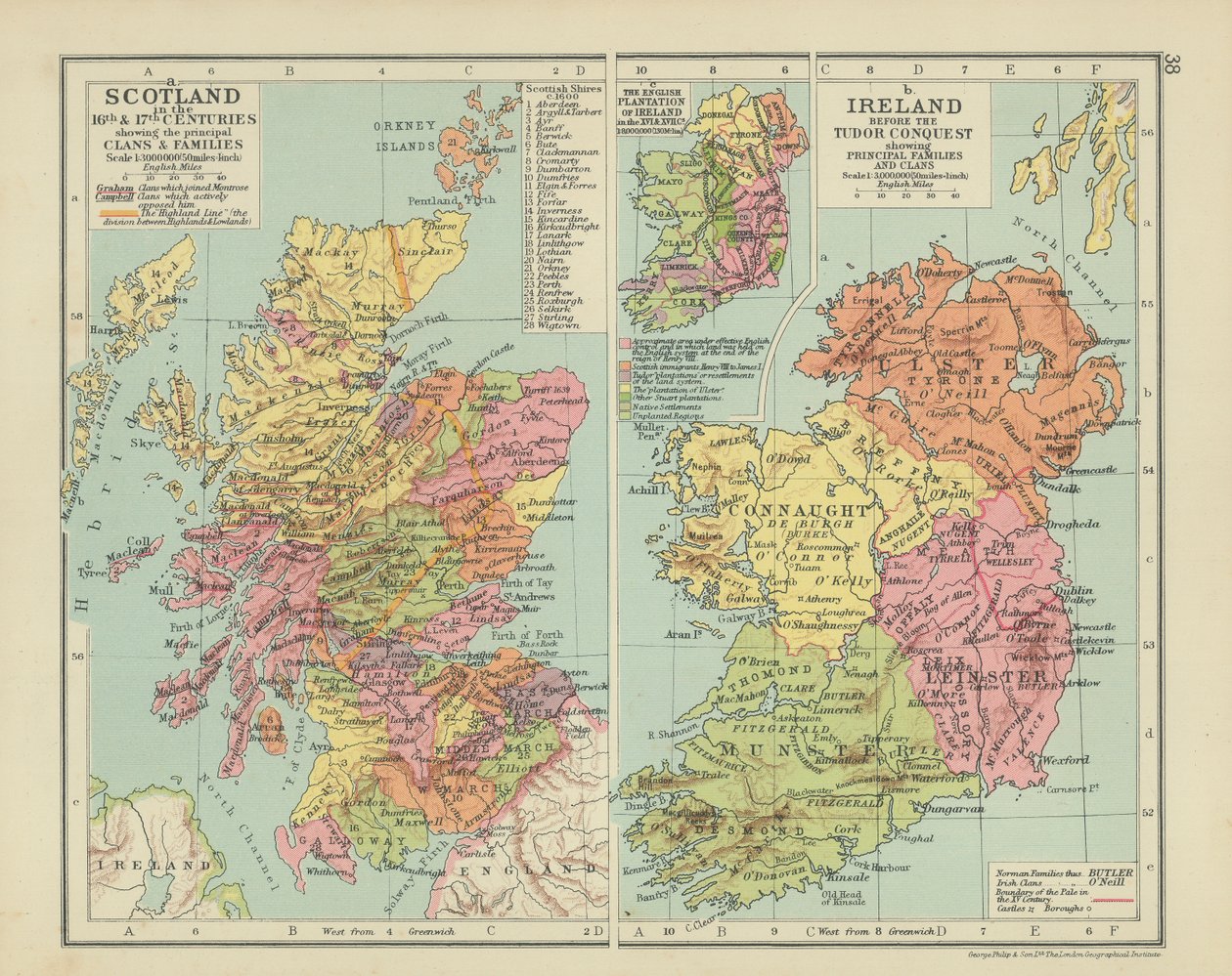 Scozia nel XVI e XVII secolo con i principali clan e famiglie (litografia a colori) da English School