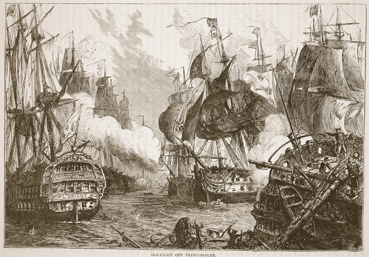 Battaglia navale al largo di Trincomalee, illustrazione da Cassells Illustrated History of India di James Grant, pub. 1879 da English School