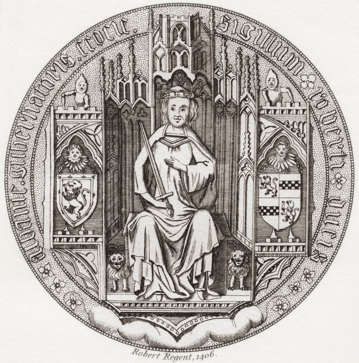 Sigillo di Robert Stewart, Duca di Albany, c. 1340 – 1420. Membro della casa reale scozzese, reggente, Governatore della Scozia, Duca di Albany, Conte di Fife e Menteith. Da Iconographia Scotica o Ritratti di Persone Illustri di Scozia, pubblicato nel 1797 da English School