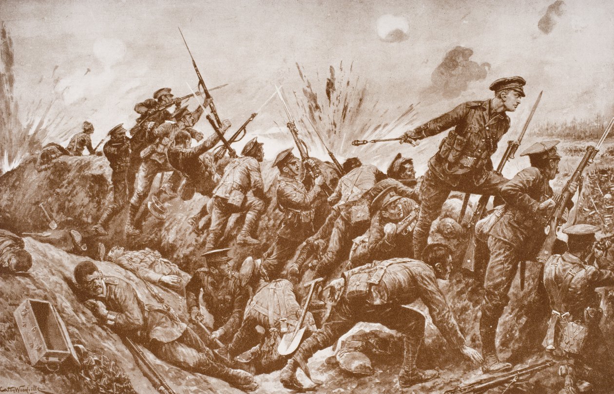 Secondo tenente G.H. Woolley nella difesa di Hill 60 con i suoi uomini da English School