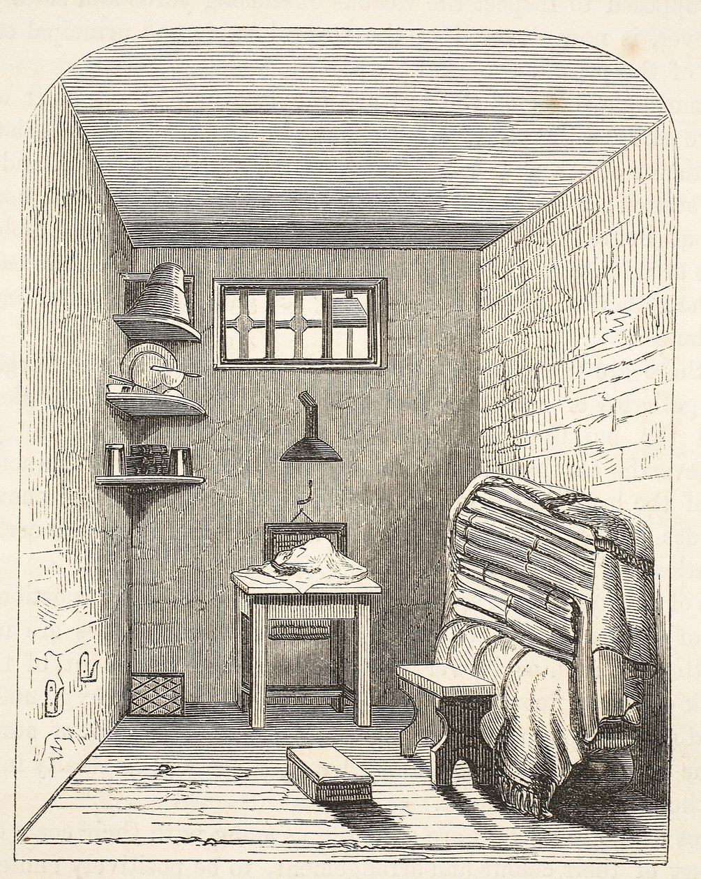 Cella separata nella parte vecchia della prigione di Brixton, illustrazione da The Criminal Prisons of London and Scenes from Prison Life di Henry Mayhew e John Binny, pub. 1862 da English School