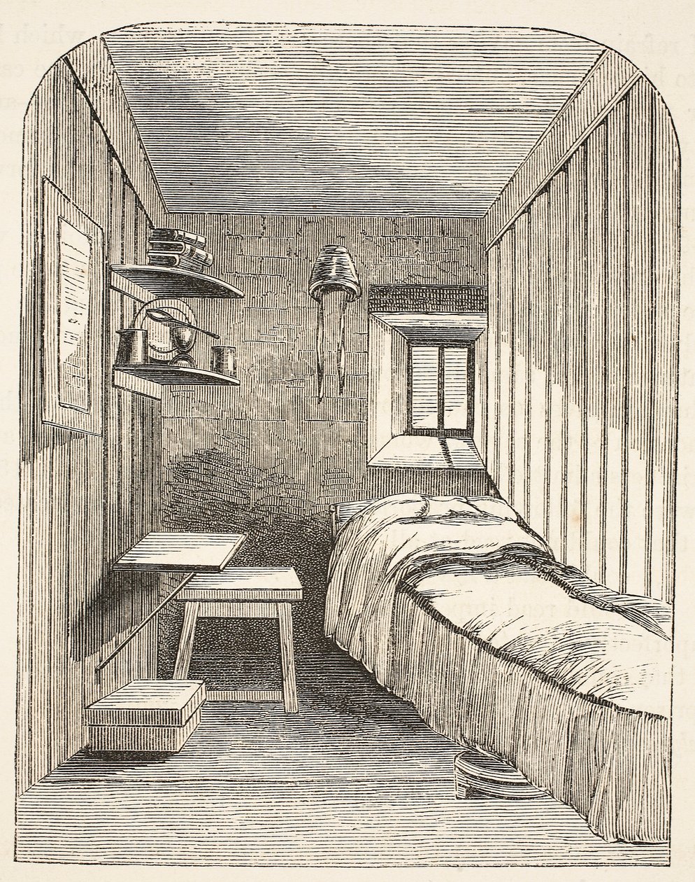 Cella da letto separata in una delle nuove ali della prigione femminile di Brixton, illustrazione da The Criminal Prisons of London and Scenes from Prison Life di Henry Mayhew e John Binny, pub da English School