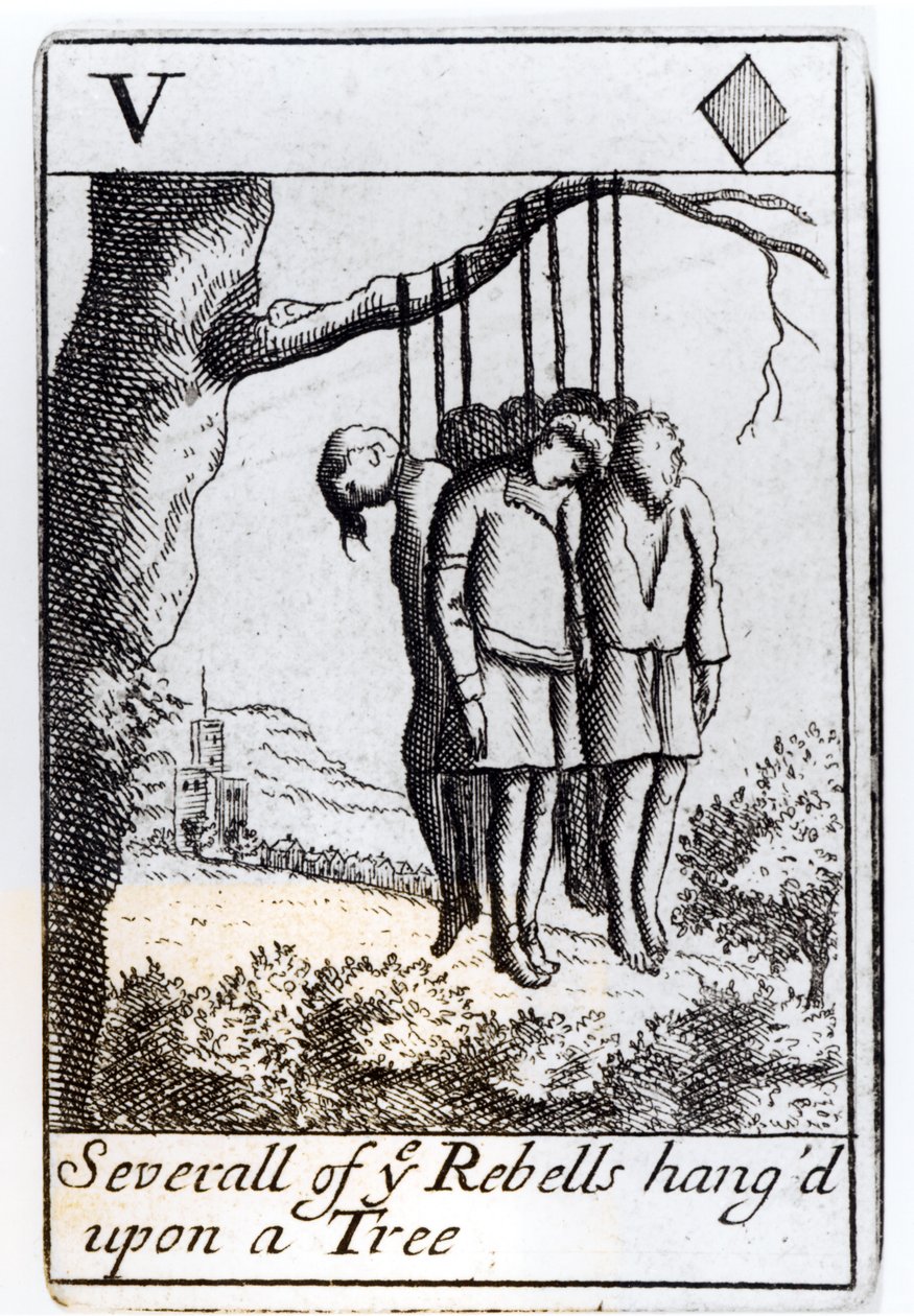 Diversi ribelli impiccati a un albero, carta da gioco dei cinque di cuori da un set che commemora la ribellione di Monmouth nel 1685 da English School