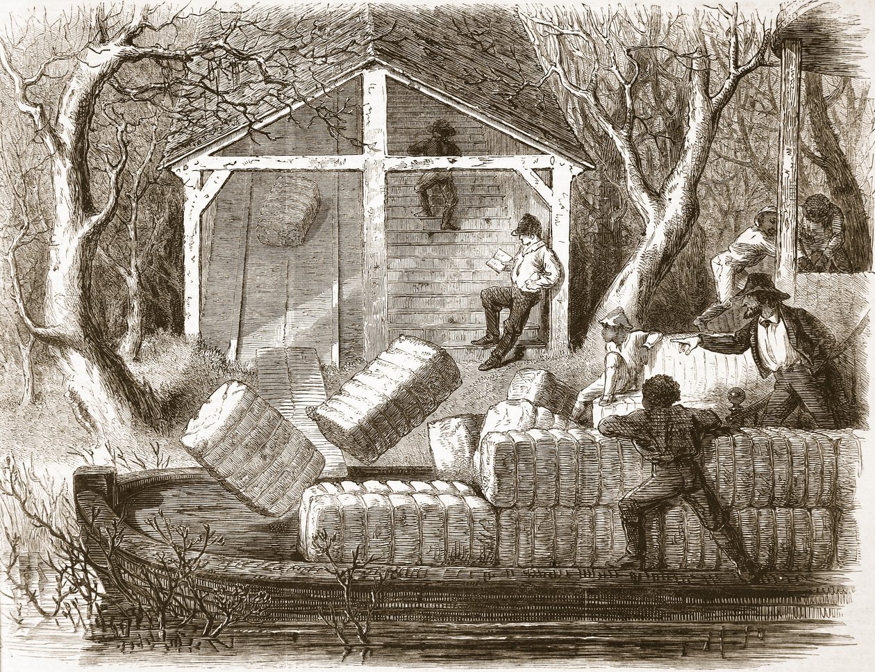 Sparare balle di cotone nella parte anteriore del battello a vapore Magnolia, illustrazione da The Illustrated London News, 1861 da English School