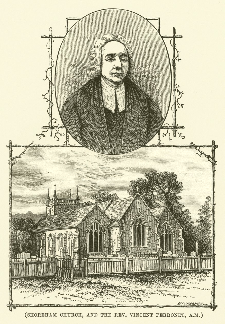 La chiesa di Shoreham e il reverendo Vincent Perronet, AM (incisione) da English School