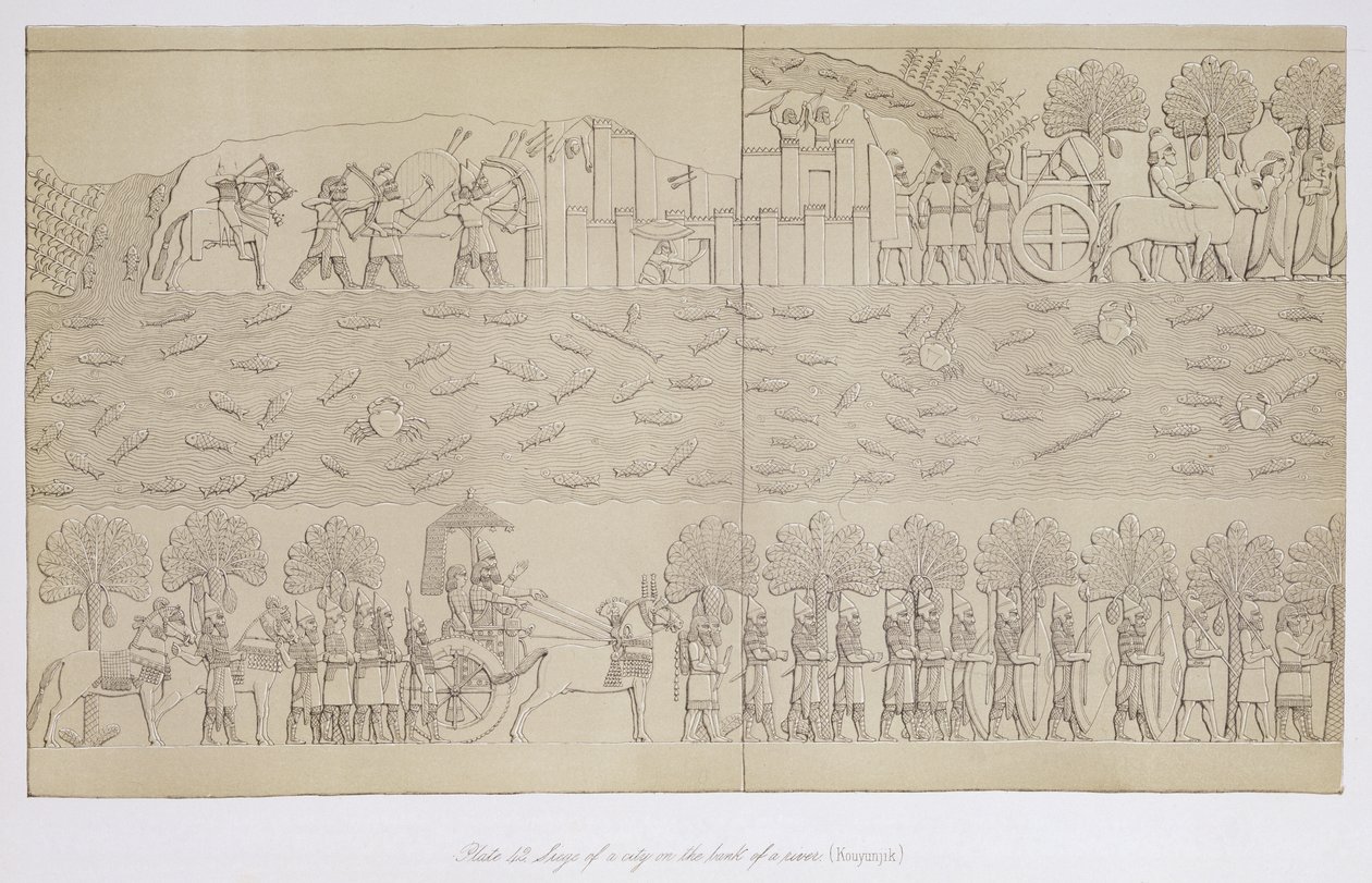 Assedio di una città sulla riva di un fiume, tavola 42 da Ninive e i suoi resti di Austen Henry Layard (1817-94) pubblicato 1849 da English School