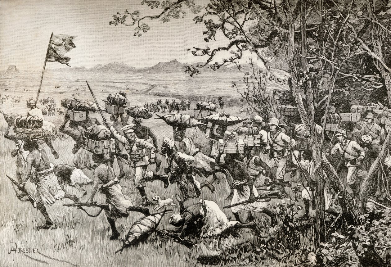 Sir Henry Morton Stanley e i suoi uomini emergono finalmente dalla foresta verso la prateria nel 1887, durante la loro spedizione di soccorso di Emin Pasha in Africa da English School
