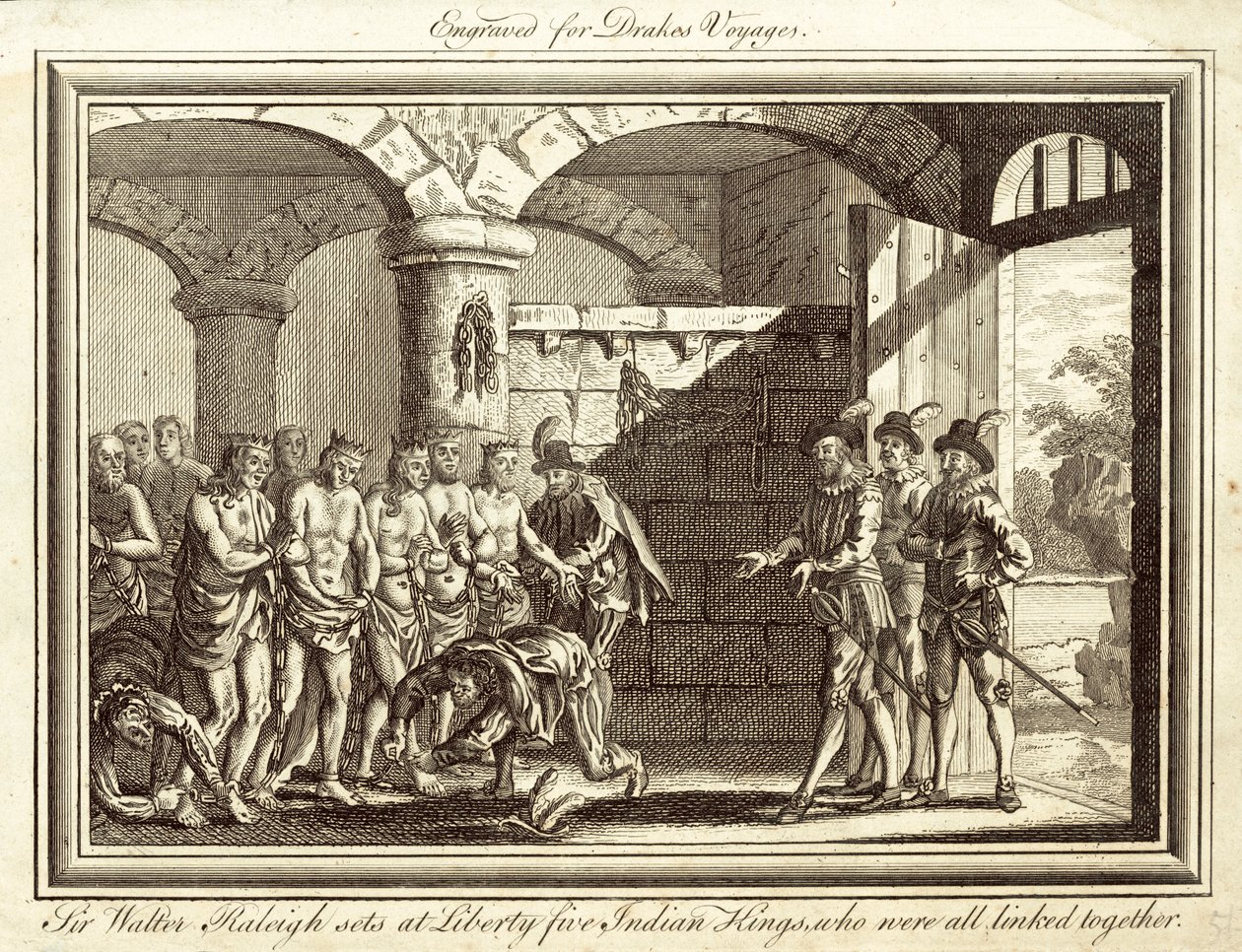Sir Walter Raleigh libera cinque re indiani, che erano tutti legati tra loro (incisione) da English School