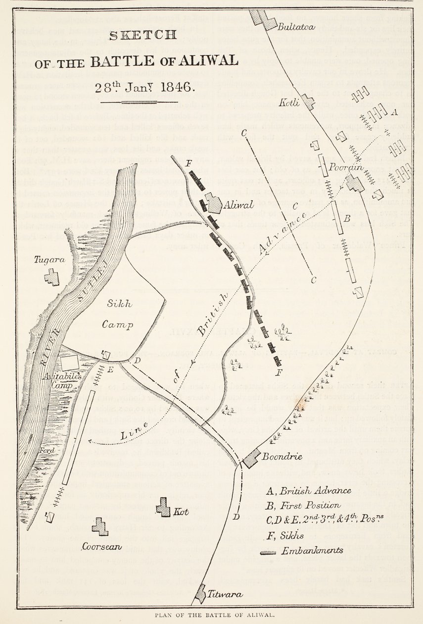 Schizzo della Battaglia di Aliwal, 28 gennaio 1846, da Cassells Illustrated History of England da English School