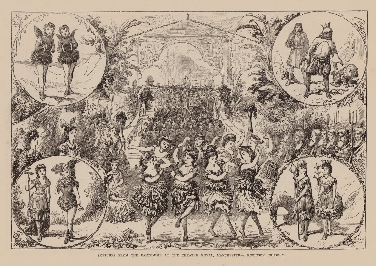 Schizzi dalla Pantomima al Theatre Royal di Manchester, Robinson Crusoe (incisione) da English School