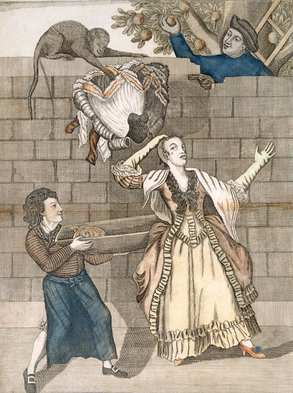 Prestigio di mano di una scimmia o la testa della signora scaricata, da un disegno originale di Grimm, stampato per Carington Bowles, Londra, pub. 1778 da English School