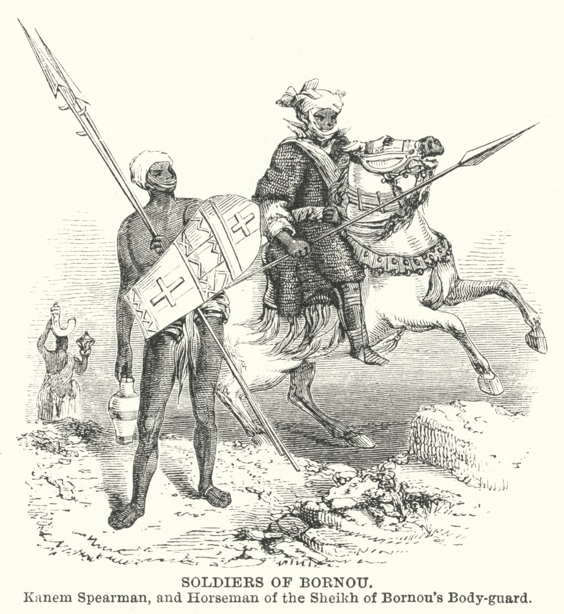 Soldati di Bornou, lance Kanem e cavalieri della guardia del corpo dello sceicco di Bornou (incisione) da English School