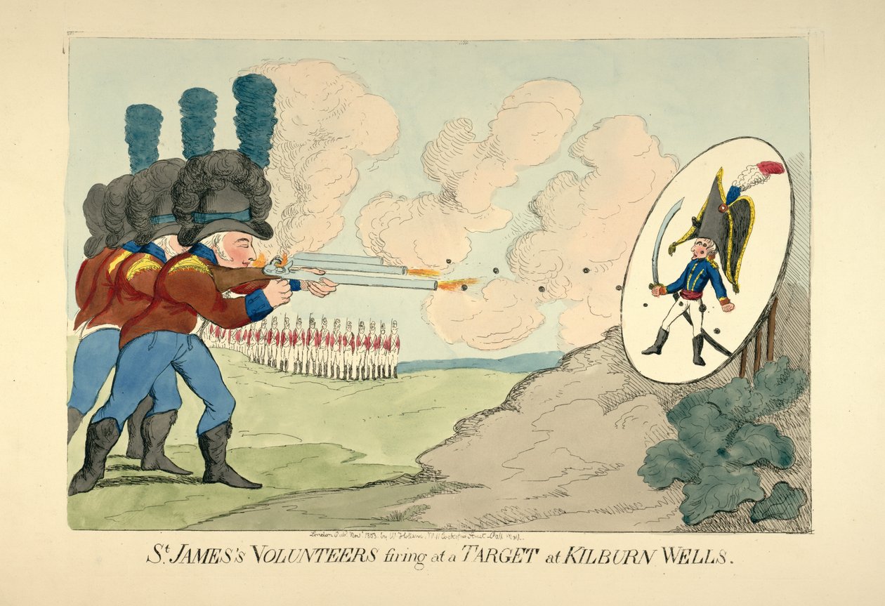 Volontari di San Giacomo che sparano a un bersaglio a Kilburn Wells, pub. 1803 da English School