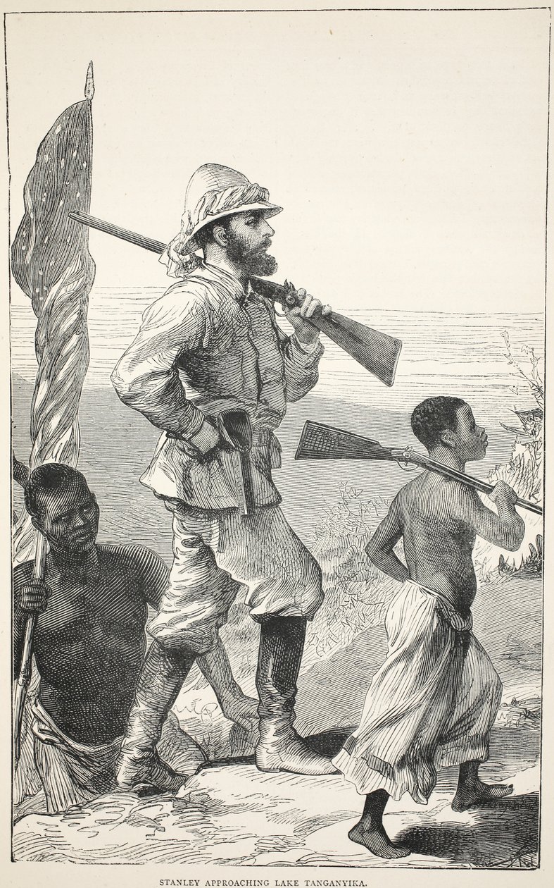 Stanley che si avvicina al Lago Tanganica, illustrazione da L
