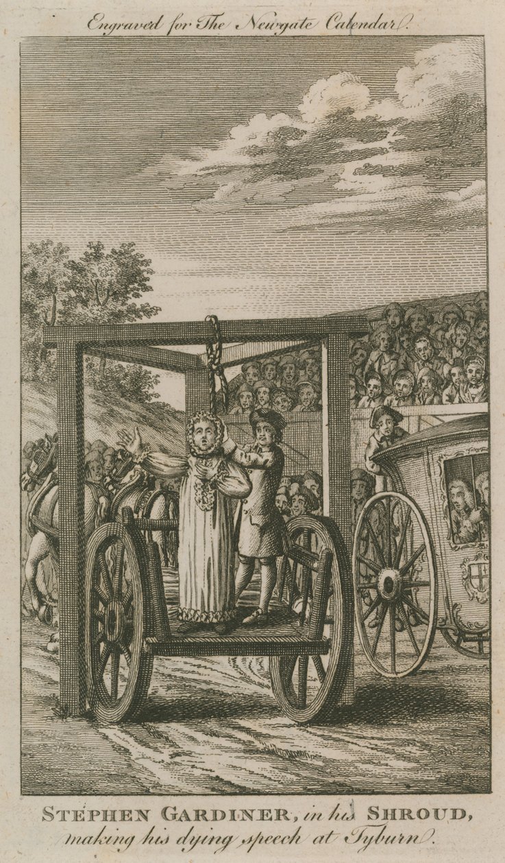 Stephen Gardiner nel suo sudario mentre pronuncia il discorso in punto di morte a Tyburn (incisione) da English School