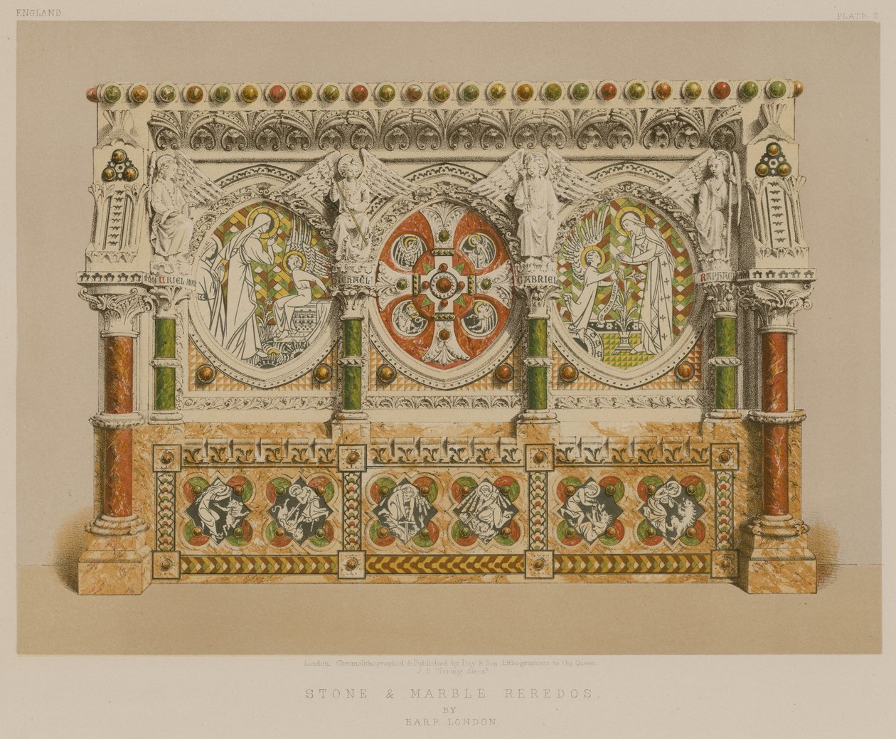 Riederos in pietra e marmo di Earp, Londra (cromolitografia) da English School
