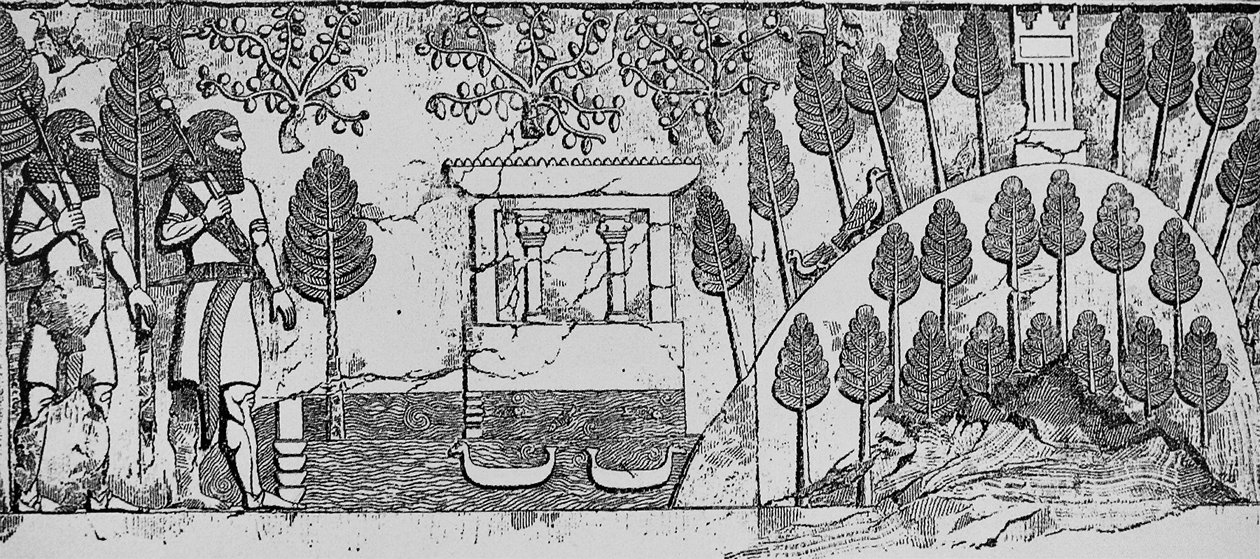 Bassorilievo in pietra di un tempio e collina artificiale nel parco di Sargon II a Khorsabad, c.715 a.C. da English School