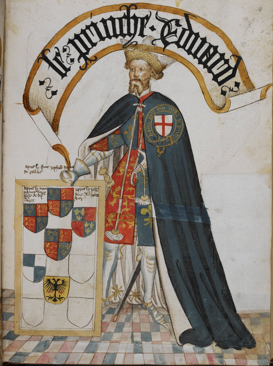 Stowe 594, f.14 Ritratto di Edoardo, Principe di Galles [il Principe Nero], un Cavaliere Fondatore dell