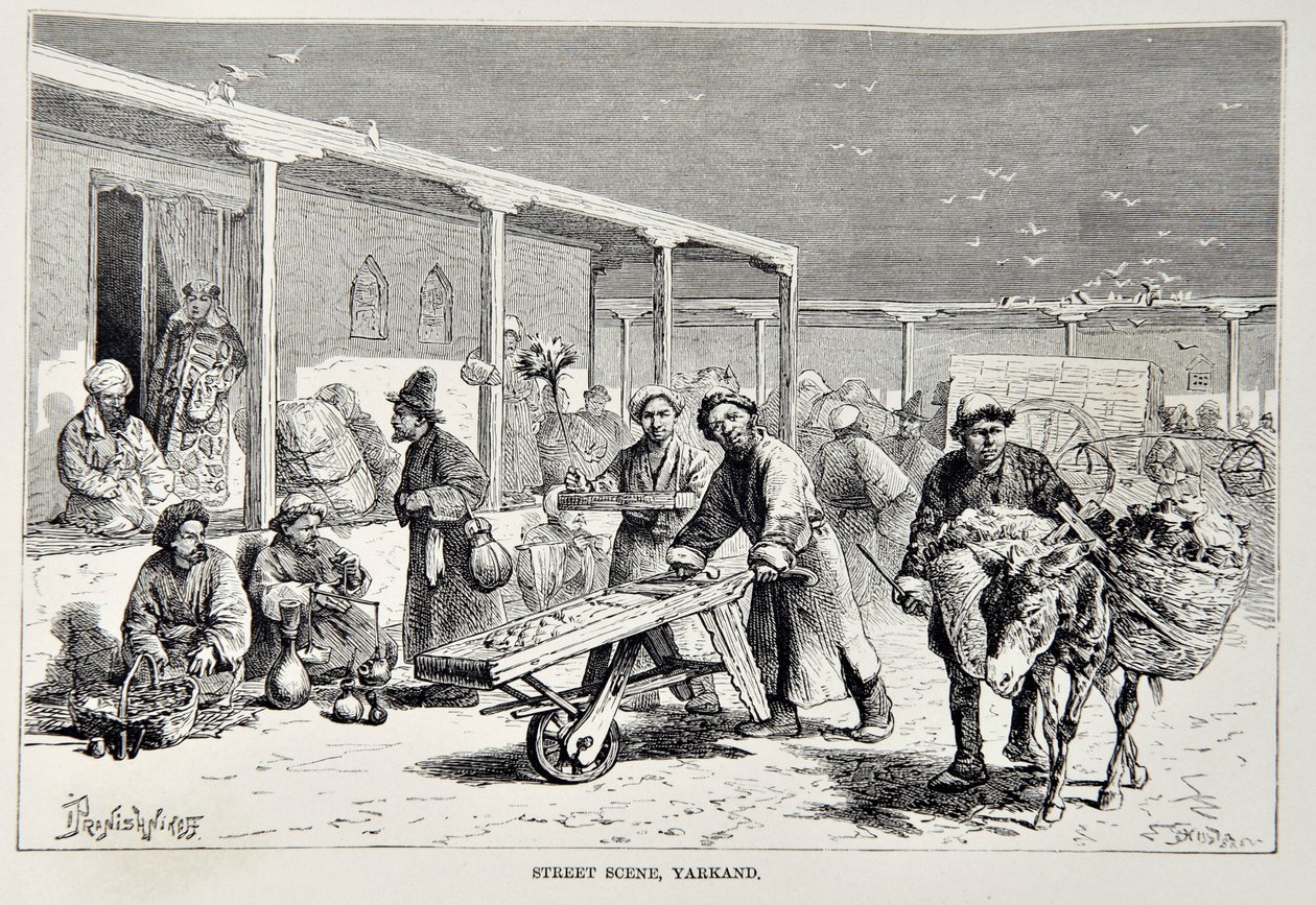 Scena di strada, Yarkand, illustrazione da La Geografia Universale, la Terra e i suoi abitanti di Elisee Reclus, pubblicato nel 1878 da English School