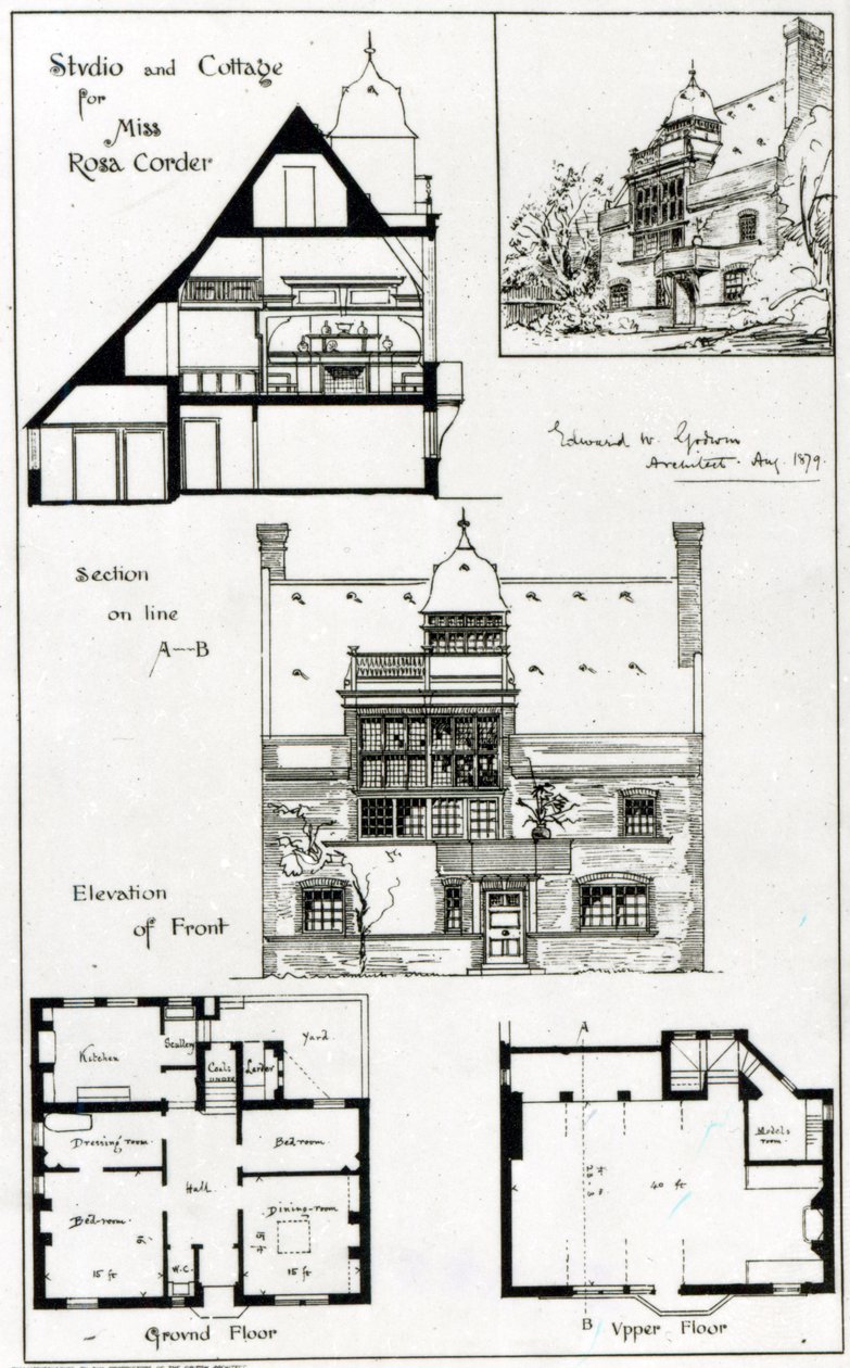 Studio e cottage per Miss Rosa Corder, da The British Architect, 3 ottobre 1879 da English School