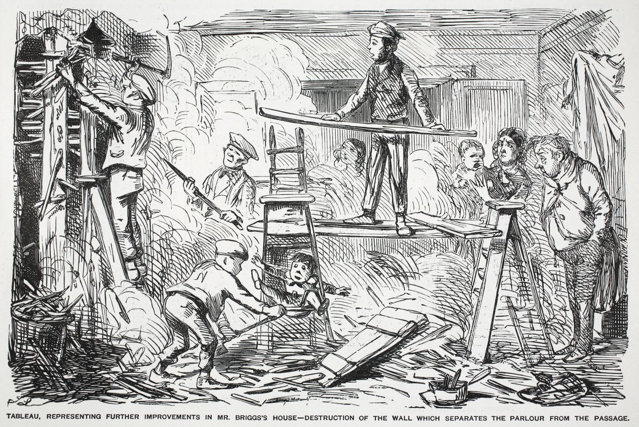 Tableau, rappresentante ulteriori miglioramenti alla casa di Mr. Briggs - distruzione del muro che separa il salotto dal corridoio, illustrazione da Punch da English School
