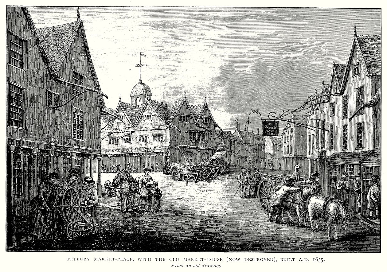 La piazza del mercato di Tetbury, con la Old Market-House (ora distrutta), costruita nel 1655 (incisione) da English School
