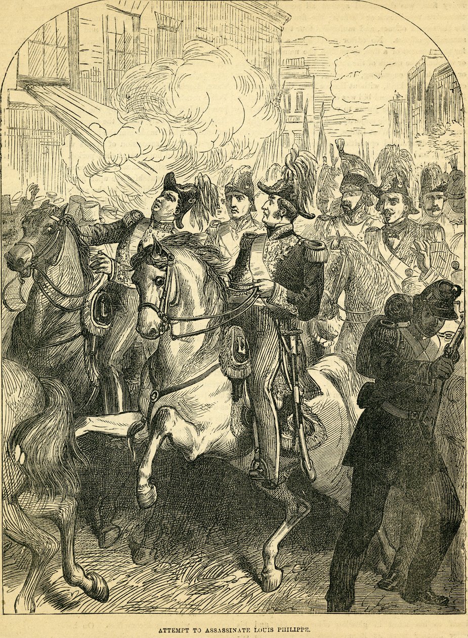 Il tentativo di assassinare il re Luigi Filippo di Francia, illustrazione tratta da Cassells Illustrated History of England, 1857-1858 da English School