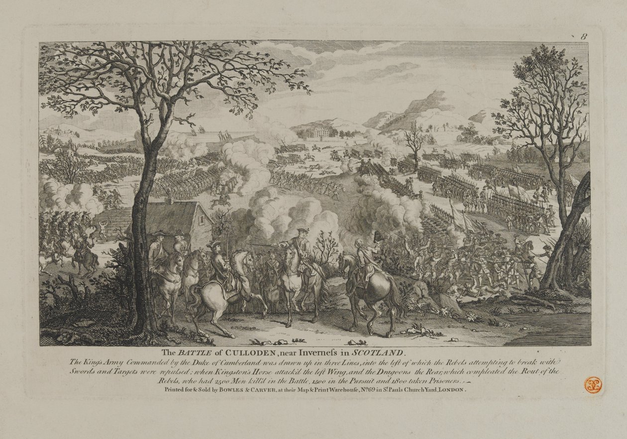 La Battaglia di Culloden, vicino a Inverness in Scozia, pubblicata da Bowles e Carver, 1746 da English School