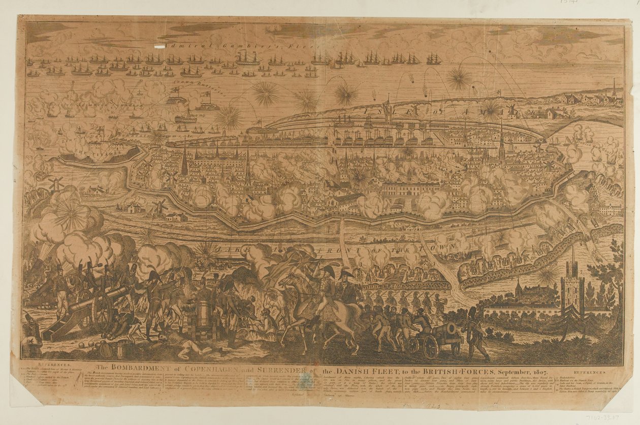 Il bombardamento di Copenaghen e la resa della flotta danese, settembre 1807, pubblicato da John Fairburn nel 1807 da English School