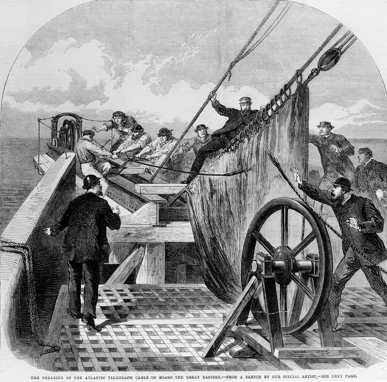 La rottura del cavo telegrafico atlantico a bordo del Great Eastern, 1865 da English School