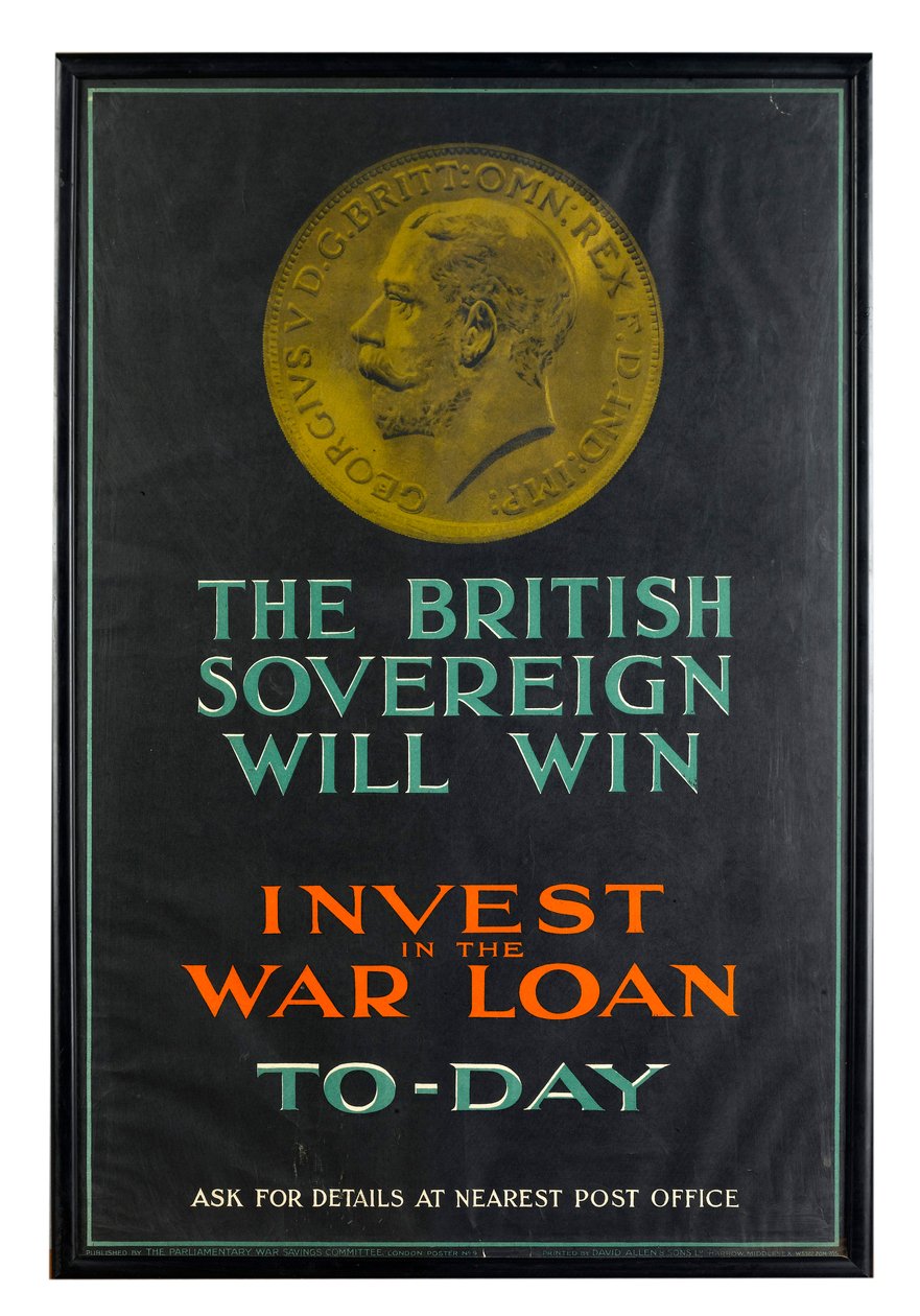 Il Sovrano Britannico Vincera, manifesto di prestito di guerra della Prima Guerra Mondiale da English School