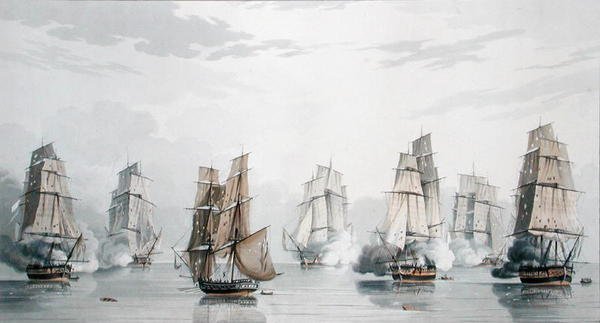 Lo Squadrone Britannico sotto il comando del Capitano Charles Marsh Schomberg e lo Squadrone Francese sotto il comando del Commodoro Roquebert, calmi poco dopo l