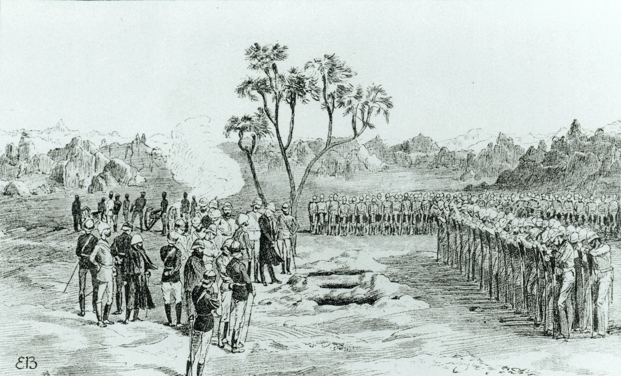 La sepoltura del Generale Earle e dei Colonnelli Eyre e Coveney a Kirbekan, da La Campagna delle Cataratte del Generale William Francis Butler, pubblicato nel 1887 da English School