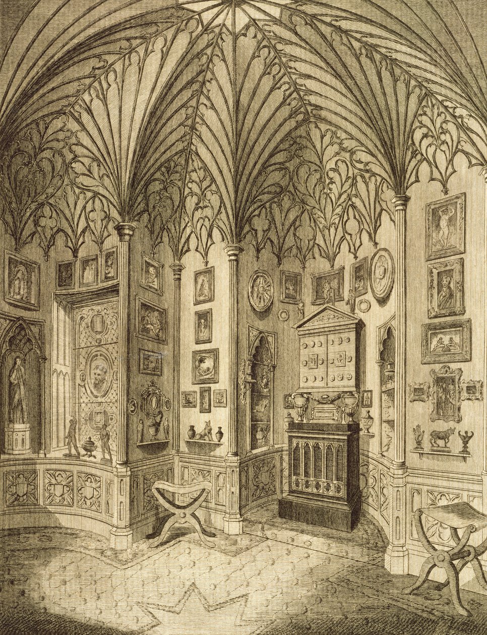 Il Gabinetto, inciso da T. Morris, da Descrizione di Strawberry Hill di Horace Walton, 1784 da English School