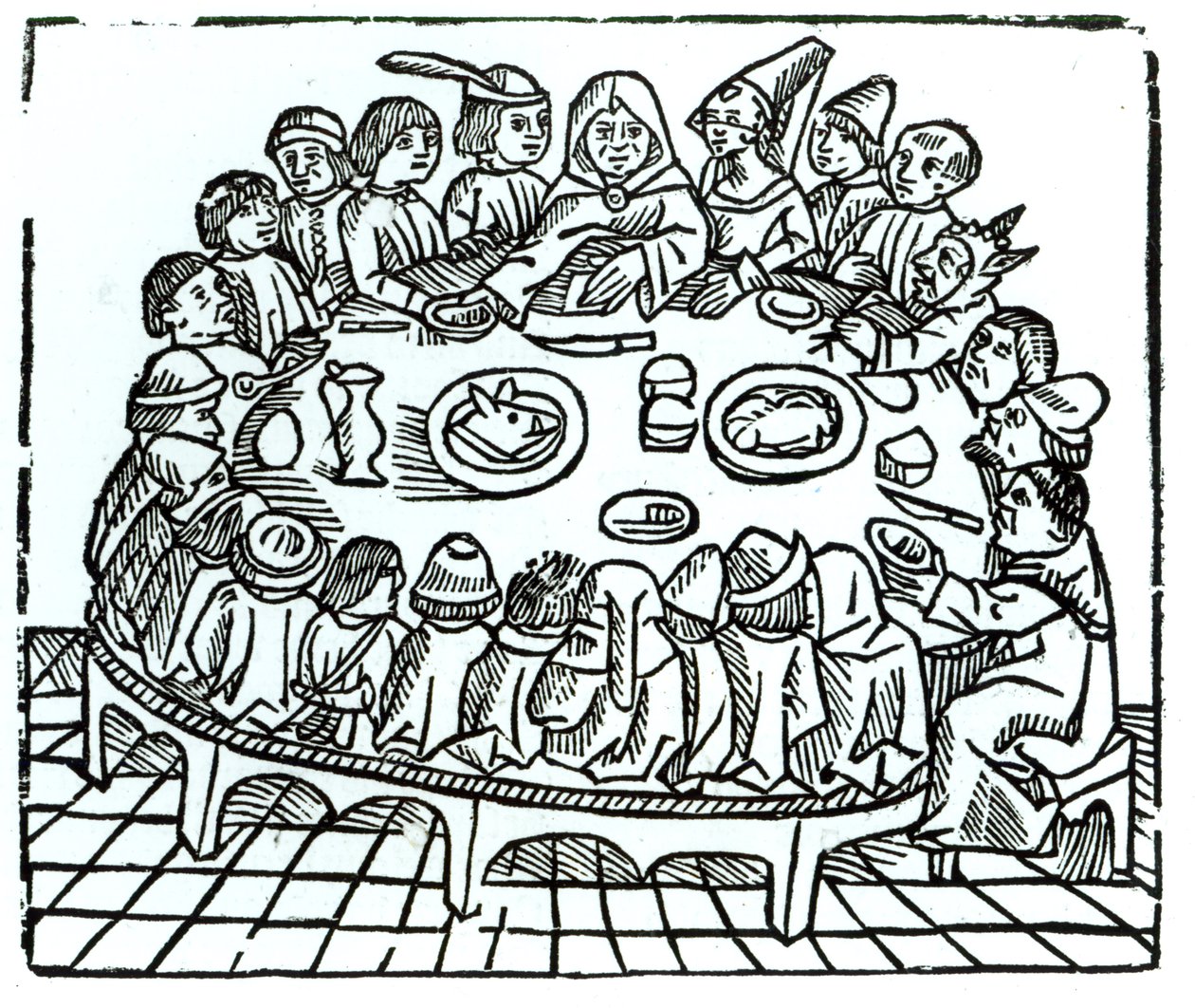 I pellegrini di Canterbury seduti per un pasto condiviso, illustrazione dai 