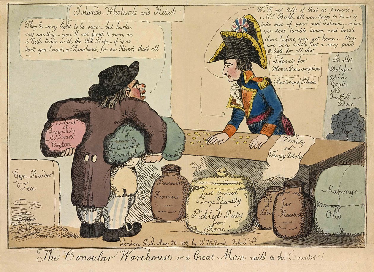 Il Magazzino Consolare o un Grande Uomo inchiodato al Banco, pub. 1802 (incisione colorata a mano) da English School