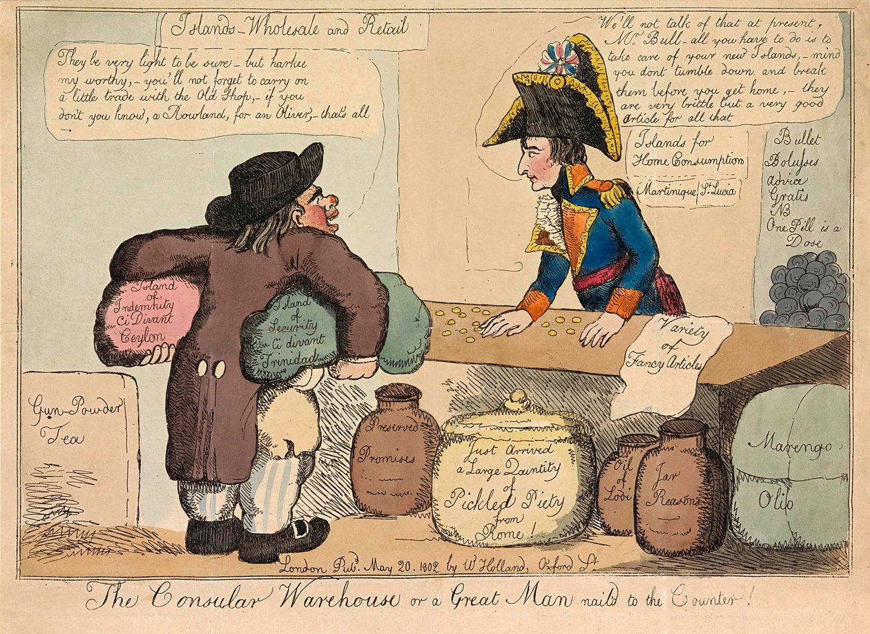 Il magazzino consolare o un grande uomo inchiodato al bancone, pub. 1802 incisione colorata a mano da English School