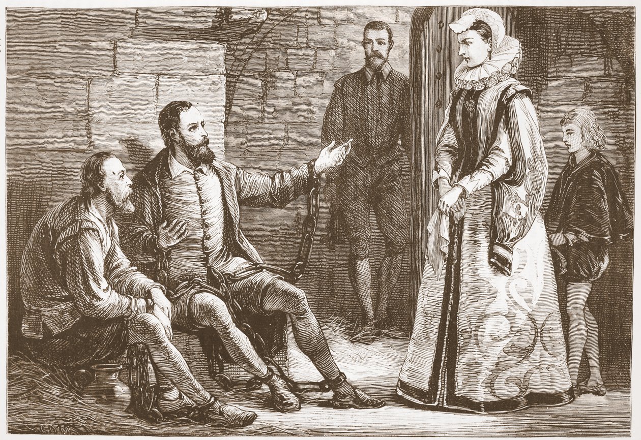 La contessa di Reux che visita De Bray e La Grange in prigione, illustrazione da La storia del protestantesimo di James Aitken Wylie, pub. 1878 da English School