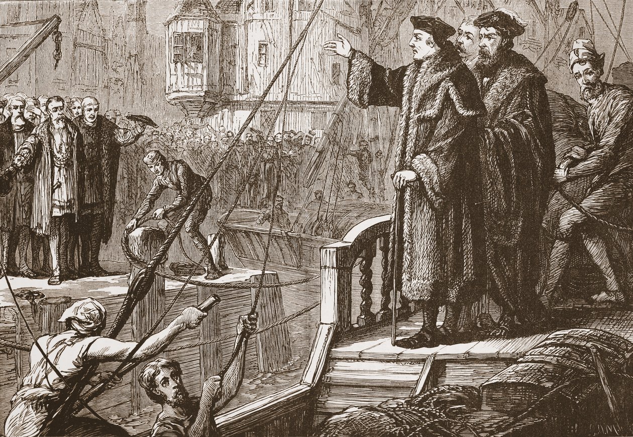 La partenza di Erasmo da Basilea, illustrazione da The History of Protestantism di James Aitken Wylie, pub. 1878 da English School