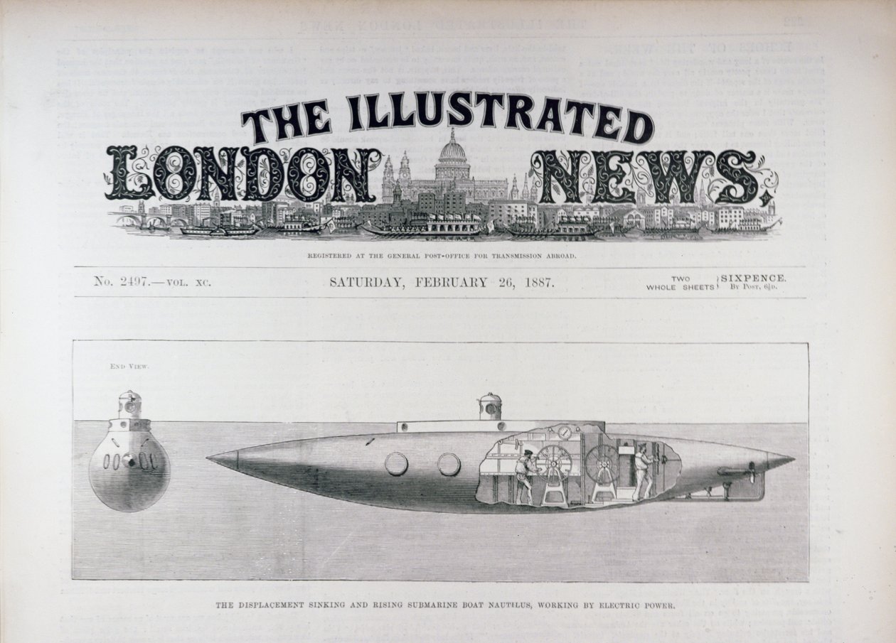 Il sottomarino Nautilus, funzionante con energia elettrica, da The Illustrated London News, 26 febbraio 1887 da English School
