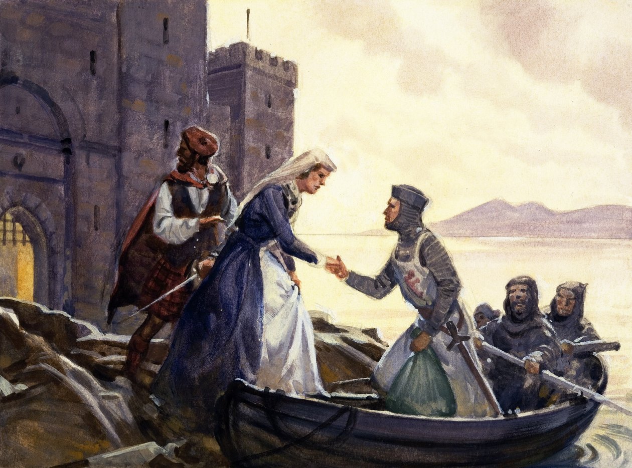 La fuga di Maria Regina di Scozia (gouache su carta) da English School