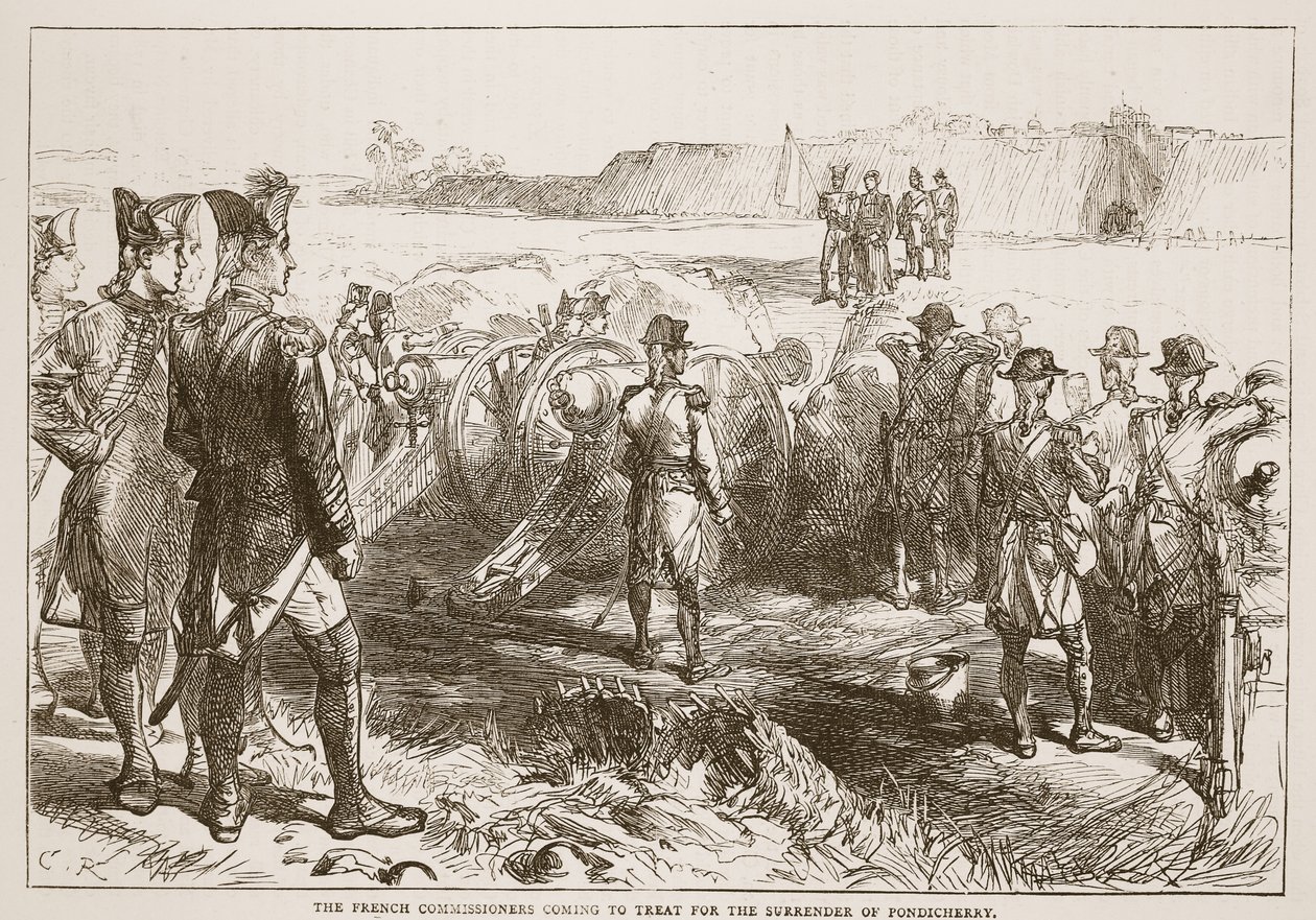 I Commissari Francesi vengono a trattare per la resa di Pondicherry, illustrazione da Cassells Illustrated History of India di James Grant, pub. 1879 da English School